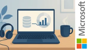 Ilustración de escritorio con laptop mostrando gráficos y base de datos, representando el curso gratuito Microsoft Azure SQL DP-900