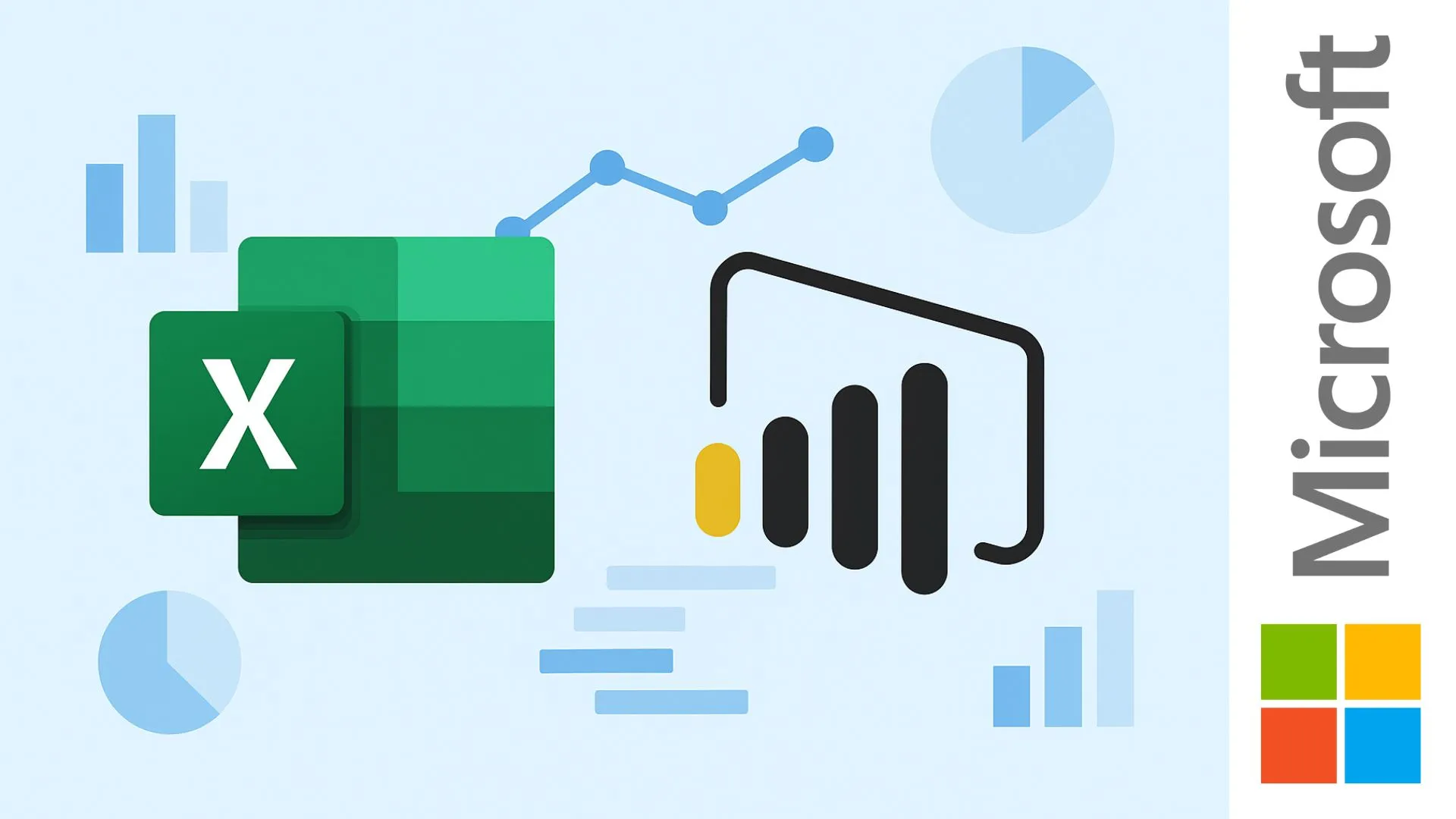 Logos de Microsoft Excel y Power BI representando análisis de datos con gráficos y visualizaciones