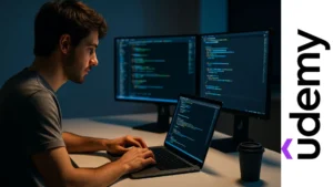Joven programador trabajando en laptop y monitores con código, representando el curso gratis de Next JS con React Hooks