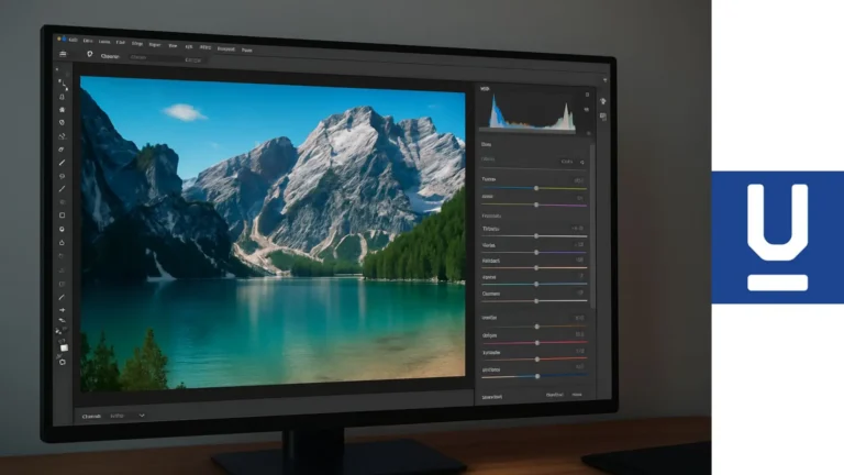 Monitor mostrando Photoshop con edición de fotografía RAW de un paisaje natural con ajustes de color y exposición