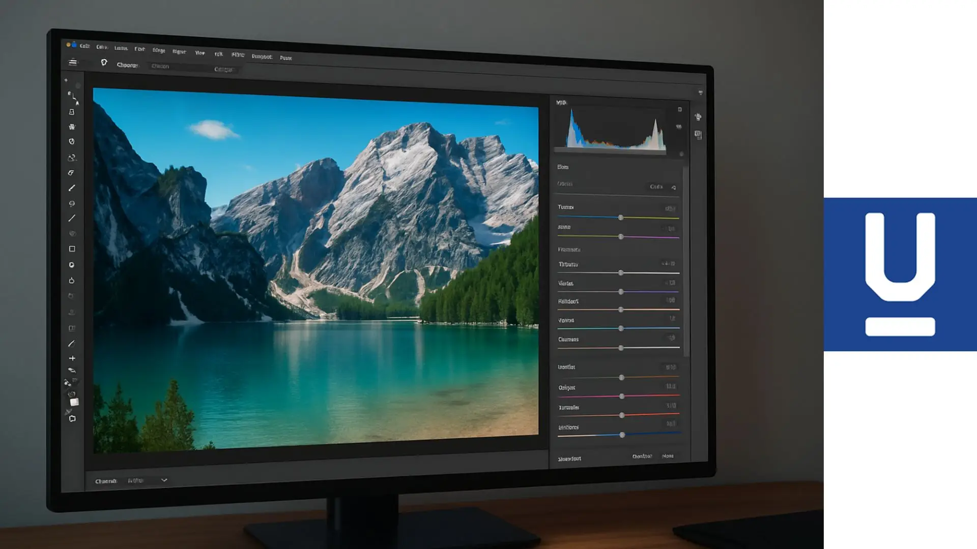 Monitor mostrando Photoshop con edición de fotografía RAW de un paisaje natural con ajustes de color y exposición