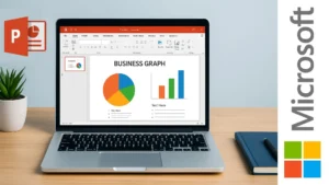 Laptop mostrando una presentación de PowerPoint con gráficos y el logotipo de Microsoft a un costado.