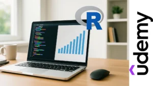 Laptop con RStudio mostrando líneas de colores y un gráfico de barras, representando el aprendizaje de R para ingenierías y ciencias