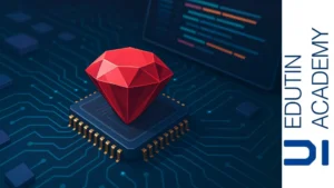 Ilustración de un rubí en forma de chip sobre una placa base, simbolizando Ruby en el desarrollo de software