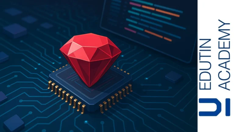 Ilustración de un rubí en forma de chip sobre una placa base, simbolizando Ruby en el desarrollo de software