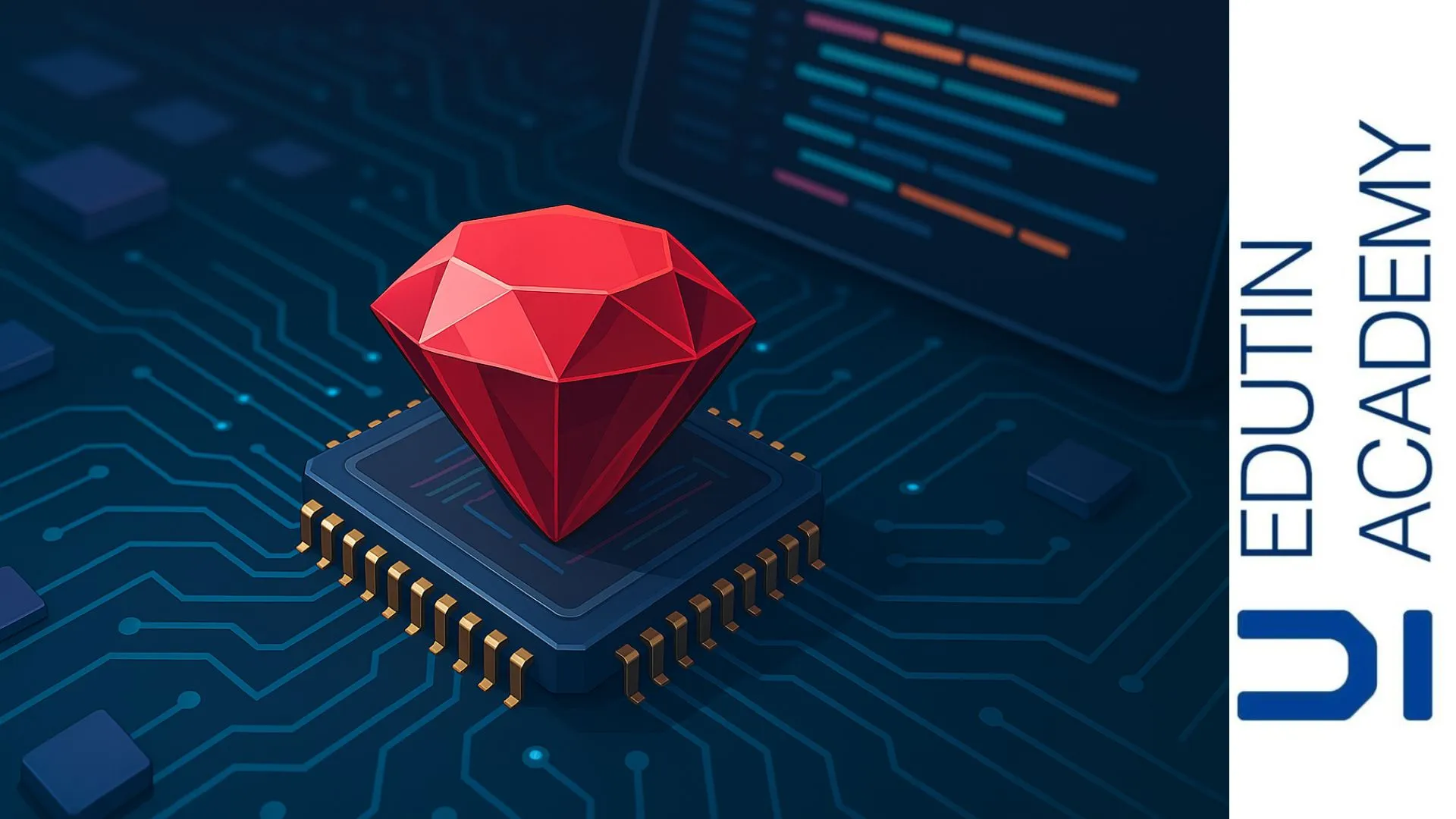 Ilustración de un rubí en forma de chip sobre una placa base, simbolizando Ruby en el desarrollo de software