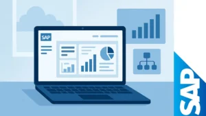 Ilustración de un portátil mostrando un panel de control de SAP con gráficas y diagramas empresariales en estilo minimalista
