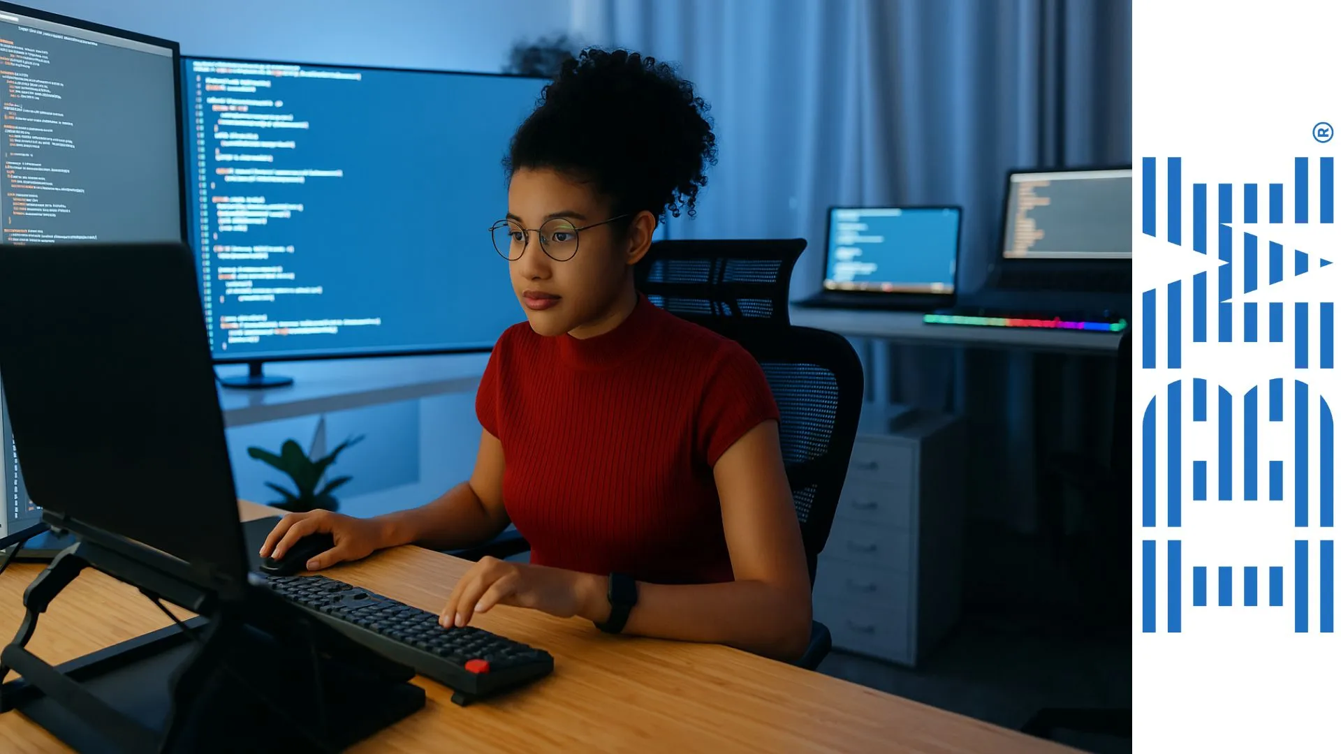 Desarrolladora de software femenina programando en Java en una oficina moderna con múltiples monitores y teclado mecánico