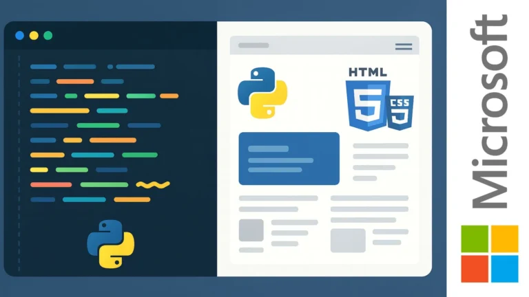 Ilustración de desarrollo web con Python y Flask junto a diseño de interfaz web con HTML y CSS