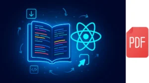 Ilustración digital de un libro abierto con líneas de colores y el logo de React flotando, simbolizando el libro SurviveJS – React gratis