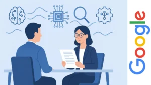 Ilustración de entrevista de trabajo con elementos de inteligencia artificial representados en el entorno
