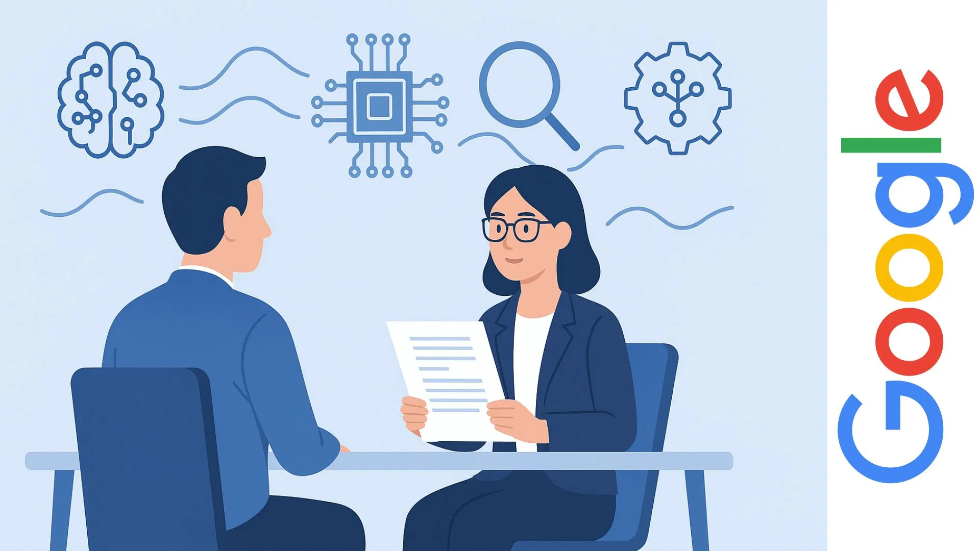 Ilustración de entrevista de trabajo con elementos de inteligencia artificial representados en el entorno