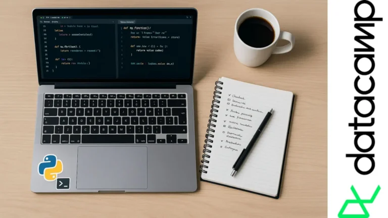 Escritorio con laptop mostrando código Python, libreta con notas y taza de café, ideal para desarrolladores en formación.