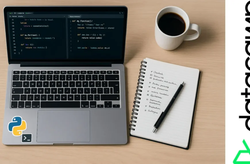 Escritorio con laptop mostrando código Python, libreta con notas y taza de café, ideal para desarrolladores en formación.