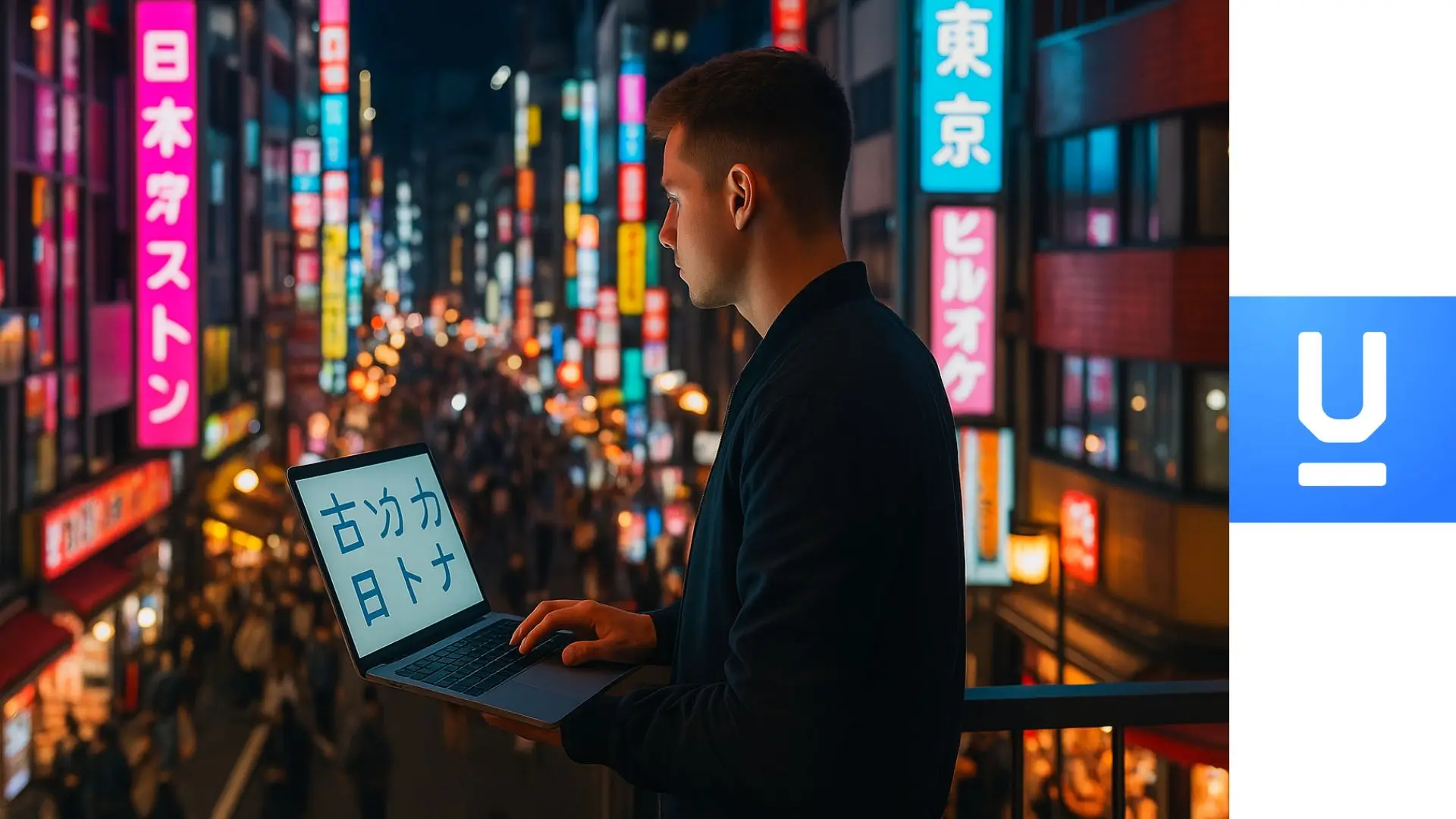 Estudiante con laptop aprendiendo japonés mientras observa una ciudad iluminada con letreros de neón en Tokio
