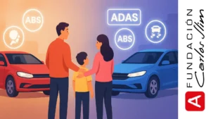 Familia eligiendo un coche seguro mientras comparan dos autos con sistemas de seguridad resaltados como ABS y ADAS