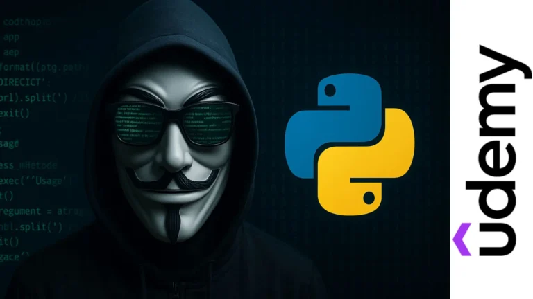 Máscara hacker con reflejo de código y logo de Python, representando el hacking ético y la ciberseguridad