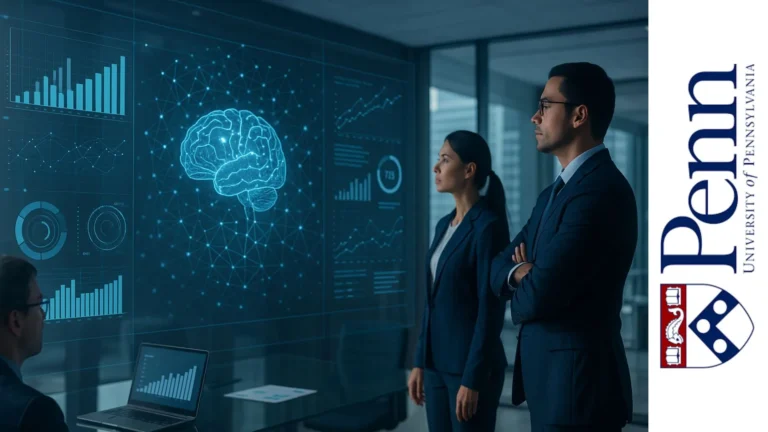 Profesionales en oficina analizando gráficos holográficos y cerebro digital que representan inteligencia artificial aplicada a empresas