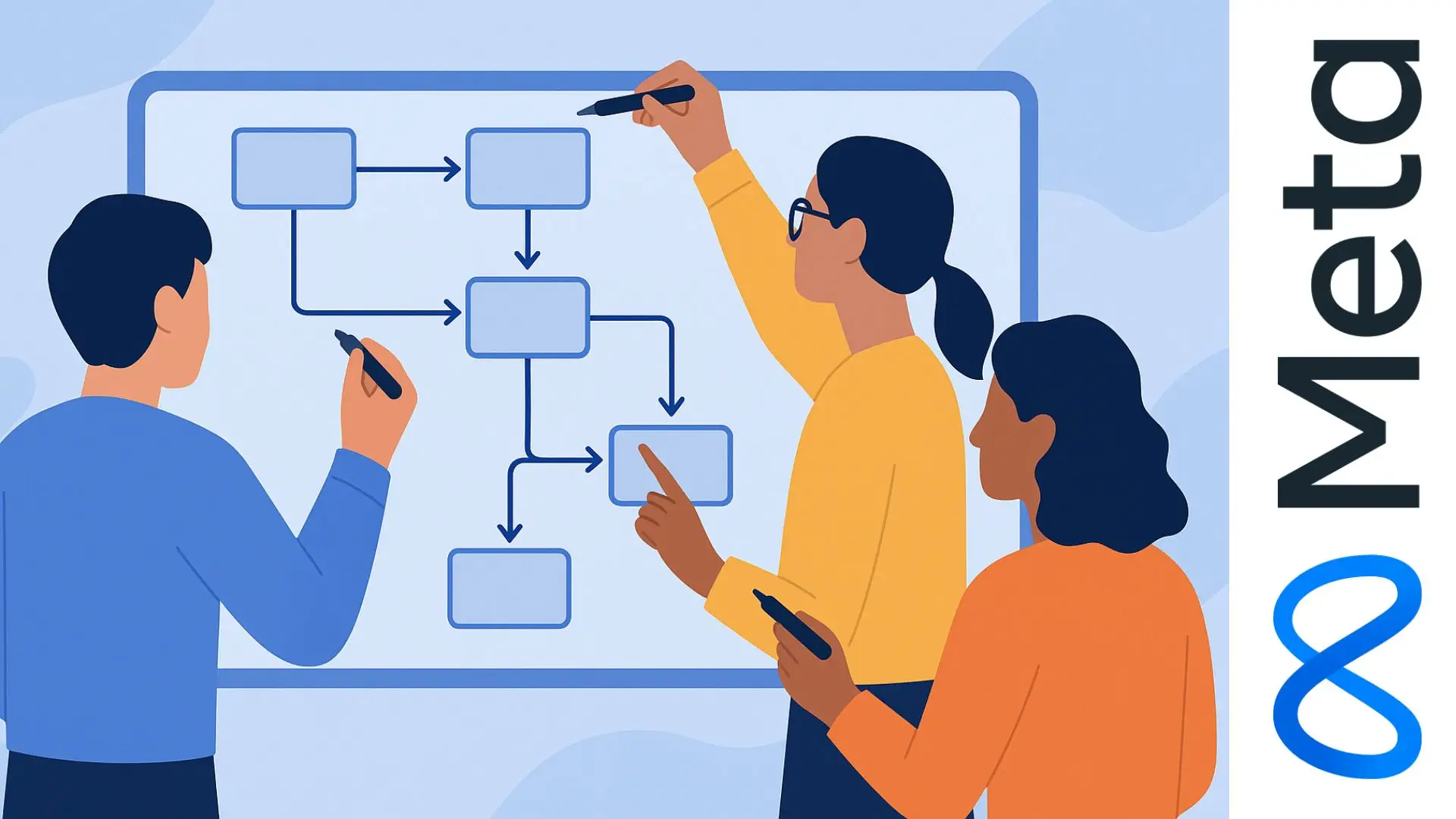 Ilustración de equipo colaborando en un pizarrón digital con un diagrama de flujo para representar control de versiones