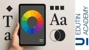 Mano sosteniendo una tablet con círculo cromático rodeado de elementos tipográficos y gráficos en fondo neutro