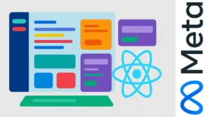 Ilustración de una aplicación web modular con componentes coloridos que representan páginas dinámicas e interactivas en React
