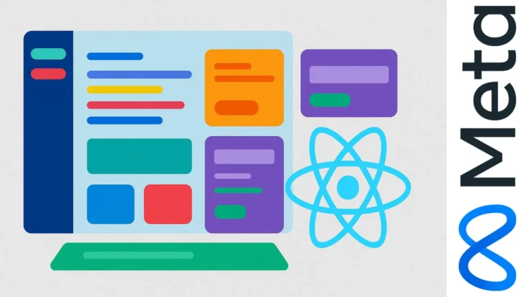 Ilustración de una aplicación web modular con componentes coloridos que representan páginas dinámicas e interactivas en React