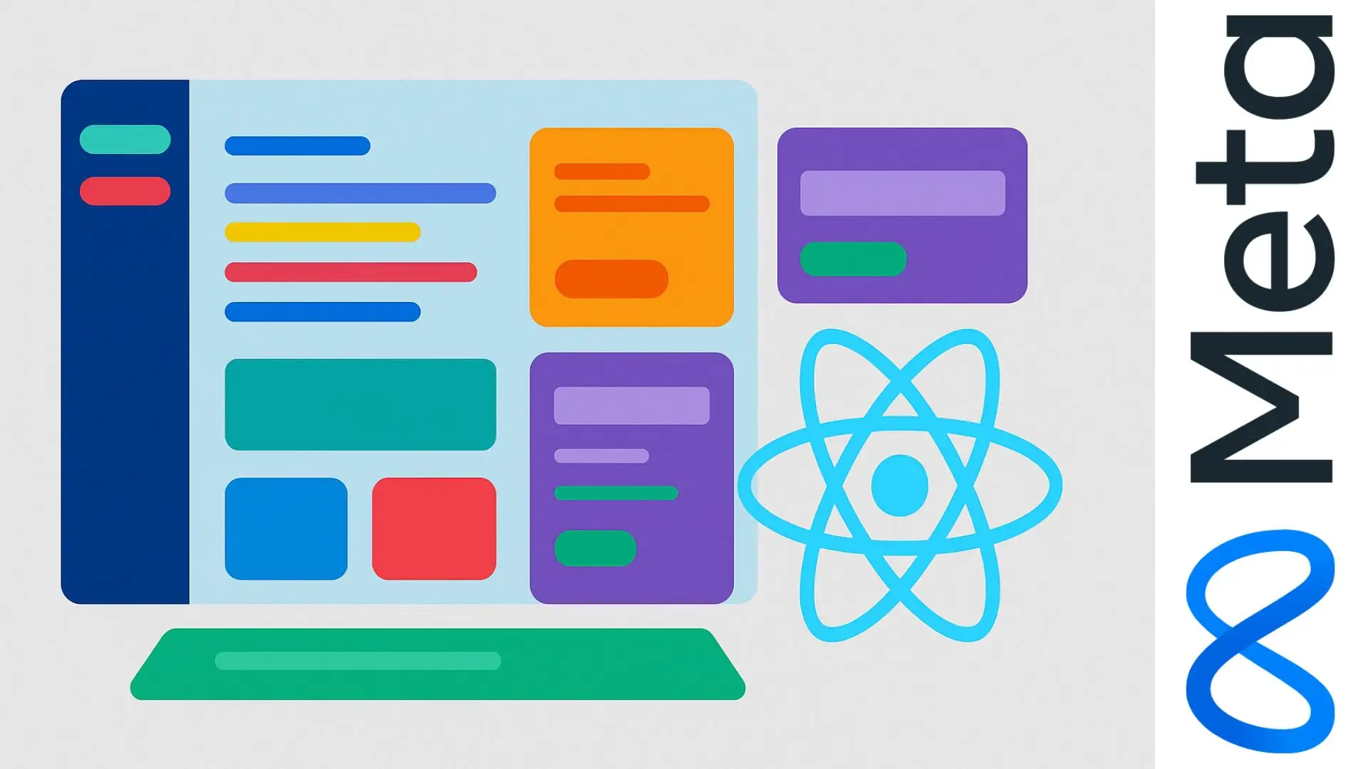 Ilustración de una aplicación web modular con componentes coloridos que representan páginas dinámicas e interactivas en React
