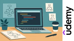Ilustración de un escritorio con laptop mostrando pseudocódigo y diagramas de flujo, representando el curso gratuito de PSeInt
