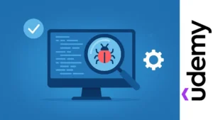 Ilustración de monitor con lupa detectando un bug en pruebas de software y control de calidad