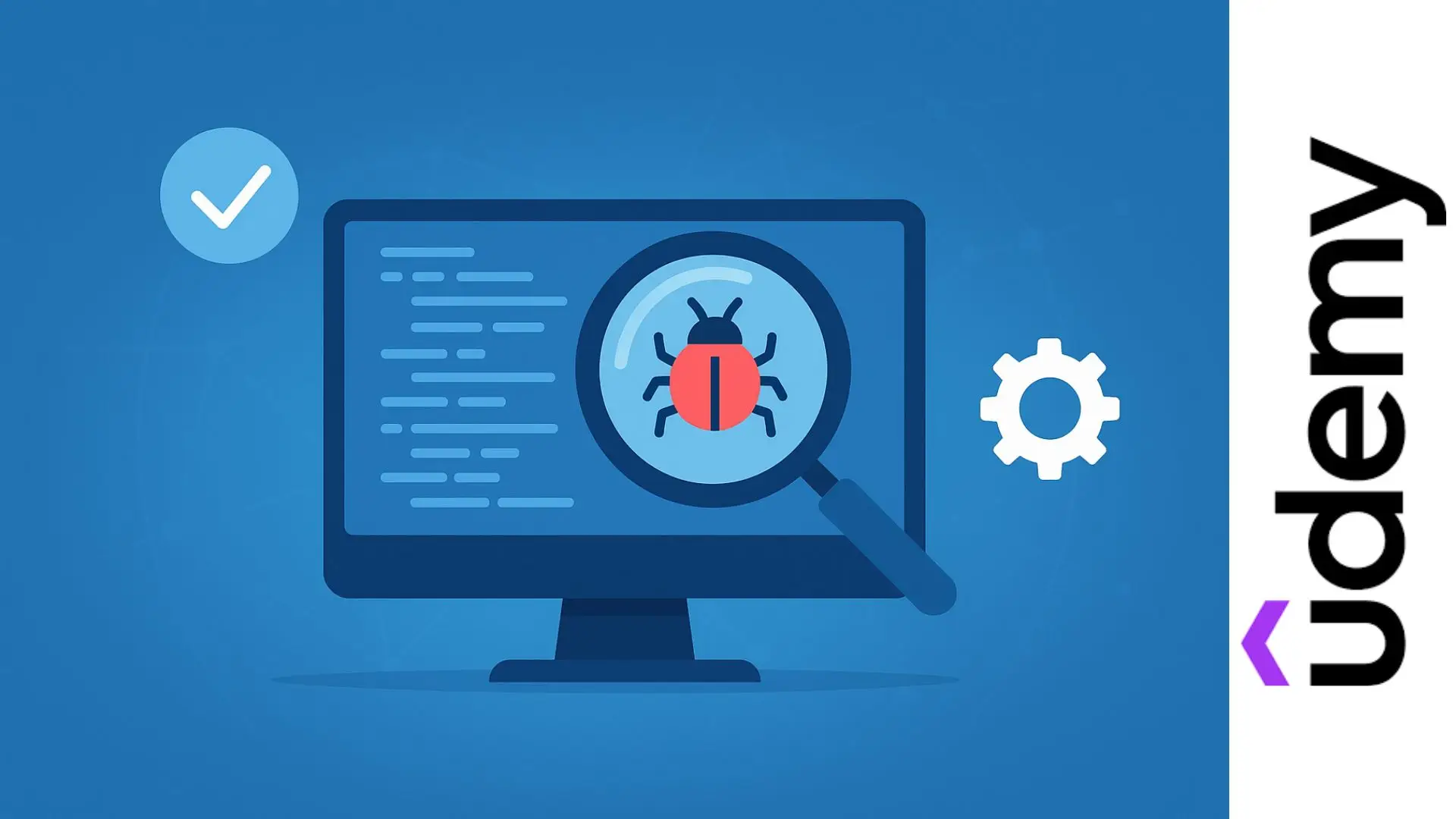Ilustración de monitor con lupa detectando un bug en pruebas de software y control de calidad