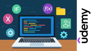 Ilustración de una laptop con líneas de colores simulando pseudocódigo y elementos visuales de programación con PSeInt