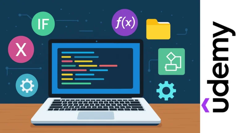 Ilustración de una laptop con líneas de colores simulando pseudocódigo y elementos visuales de programación con PSeInt