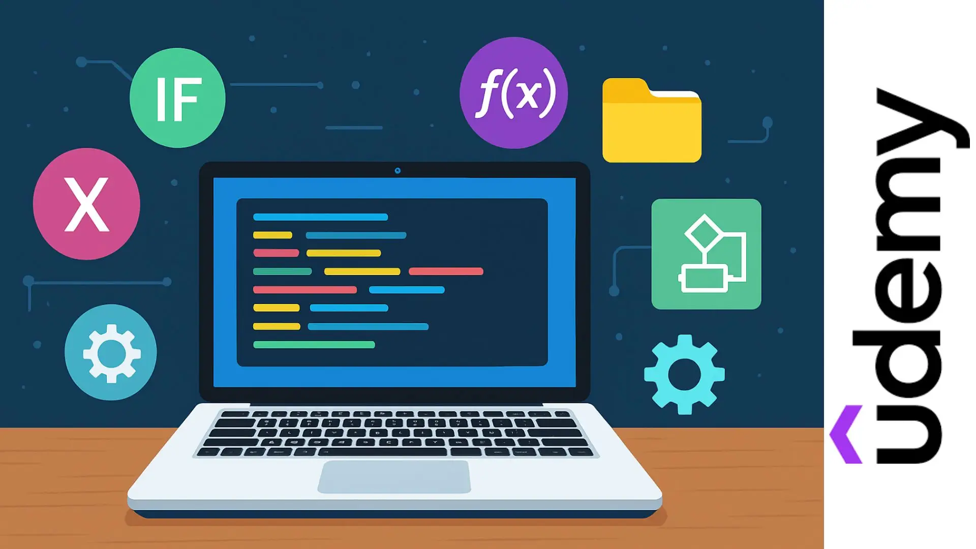 Ilustración de una laptop con líneas de colores simulando pseudocódigo y elementos visuales de programación con PSeInt