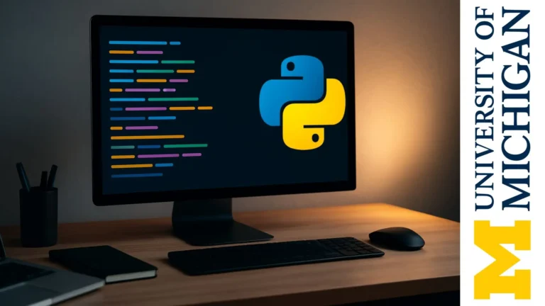 Monitor con líneas de código de colores y logo de Python en un escritorio moderno