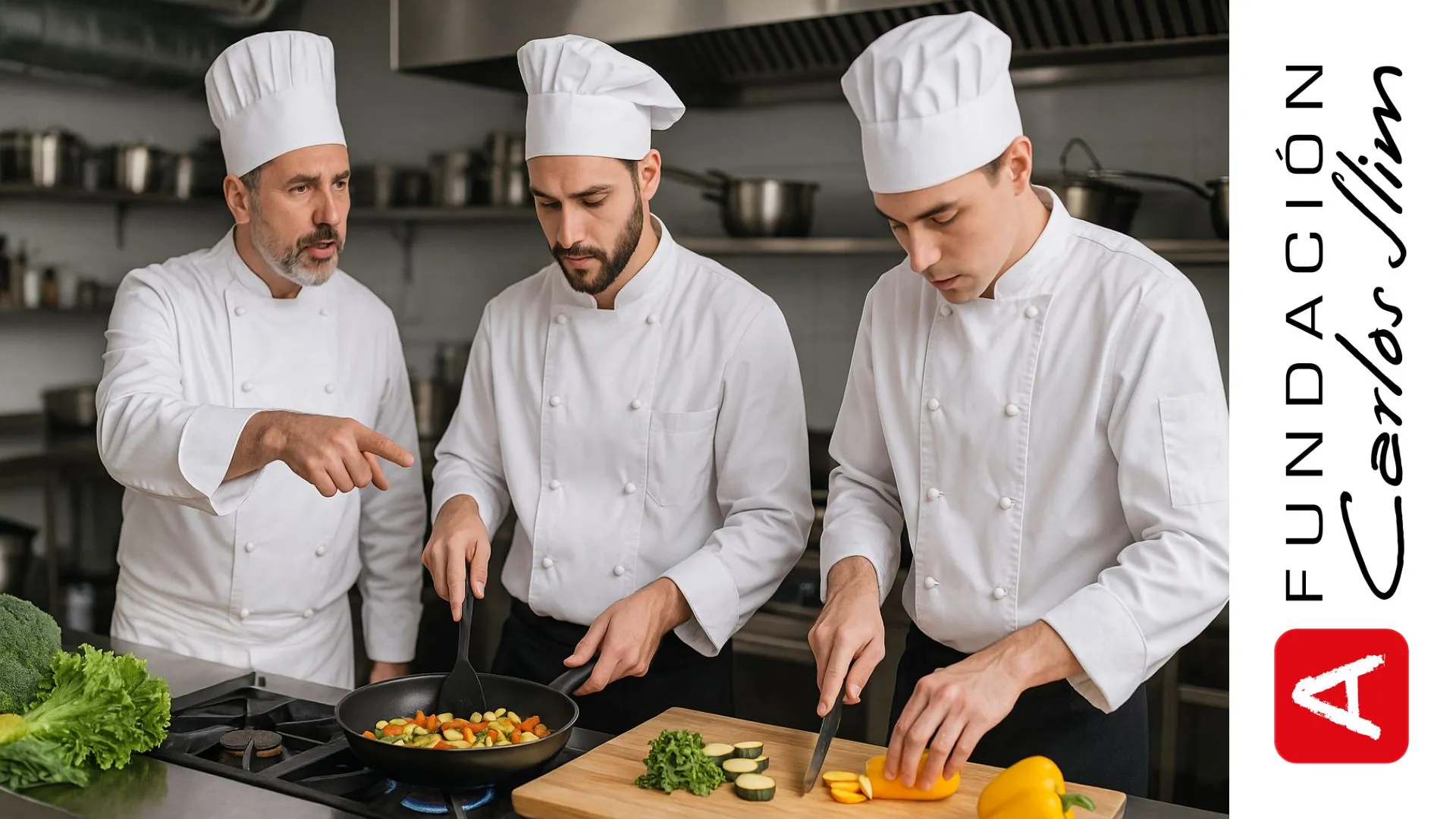 Jefe de cocina dando instrucciones a su equipo mientras preparan alimentos en una cocina profesional