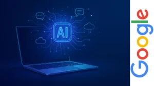 Laptop con holograma azul de inteligencia artificial mostrando circuitos y símbolos digitales