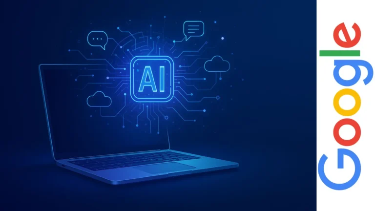 Laptop con holograma azul de inteligencia artificial mostrando circuitos y símbolos digitales