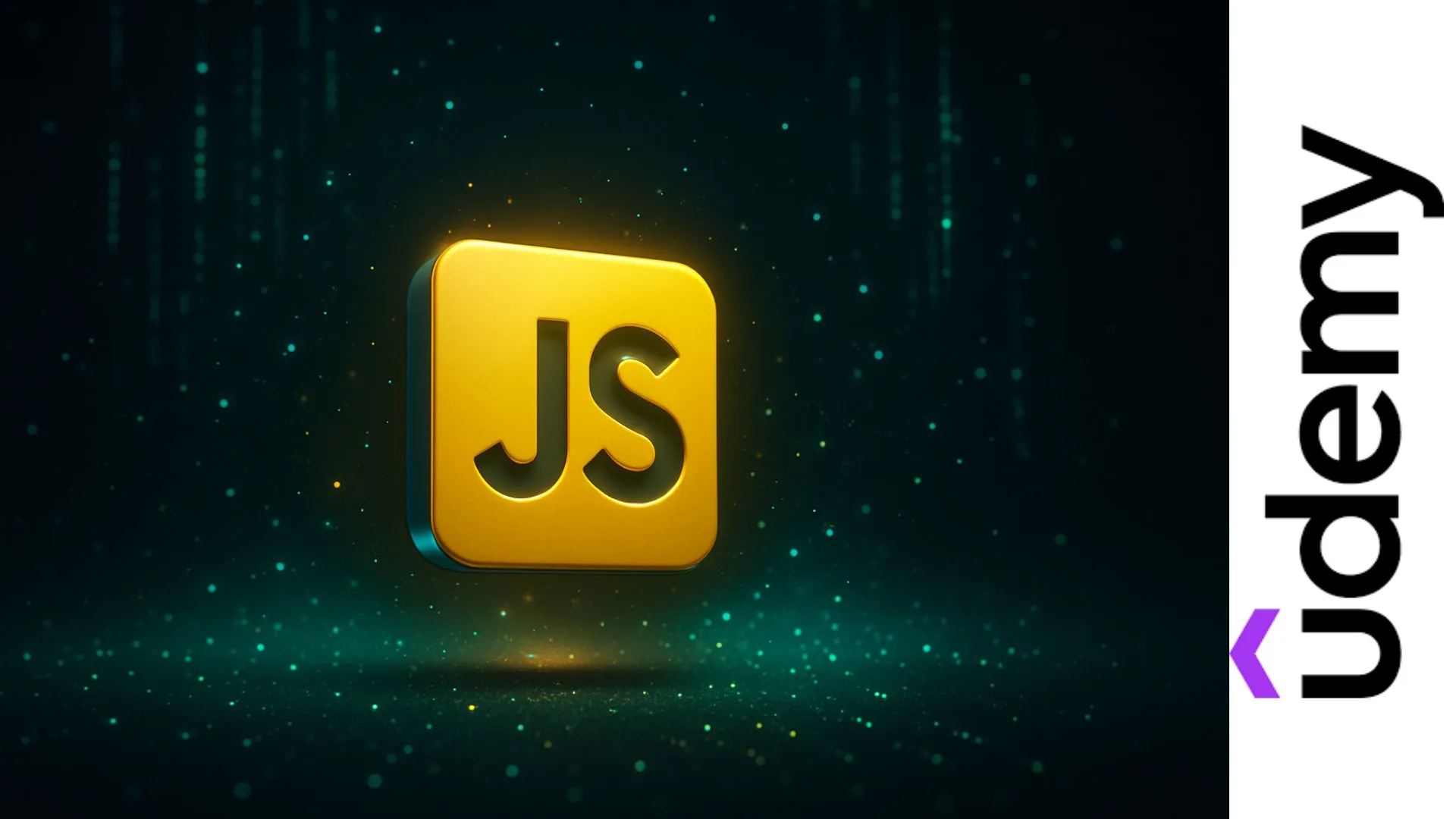 Logo 3D de JavaScript en color dorado con partículas brillantes, representando el curso gratis de Udemy para principiantes