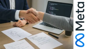 Entrevista de programación con apretón de manos, laptop con código y diagramas de algoritmos sobre la mesa