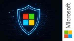 Ilustración digital de un escudo luminoso con los colores de Microsoft sobre un fondo tecnológico de circuitos y líneas de seguridad
