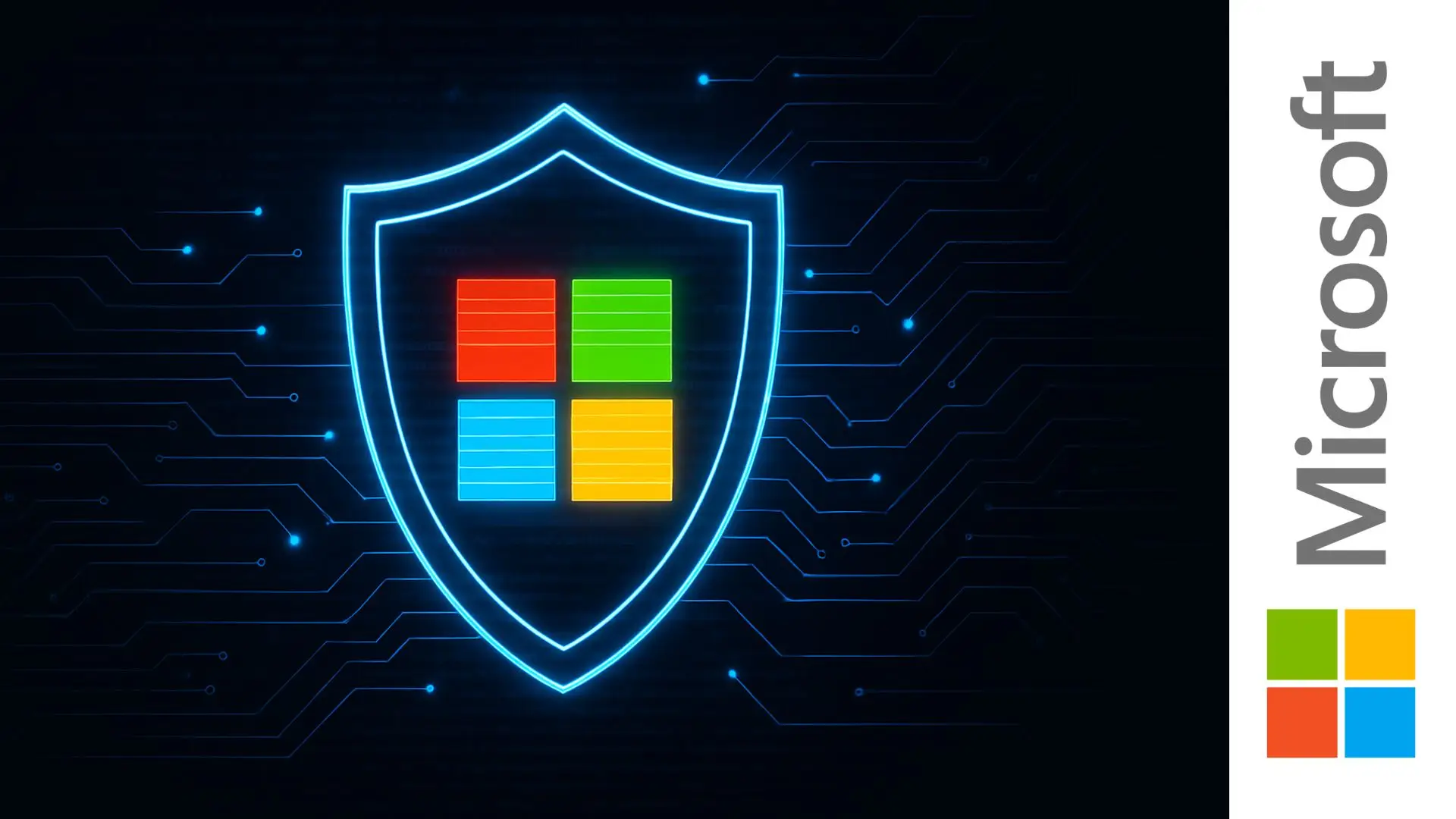 Ilustración digital de un escudo luminoso con los colores de Microsoft sobre un fondo tecnológico de circuitos y líneas de seguridad
