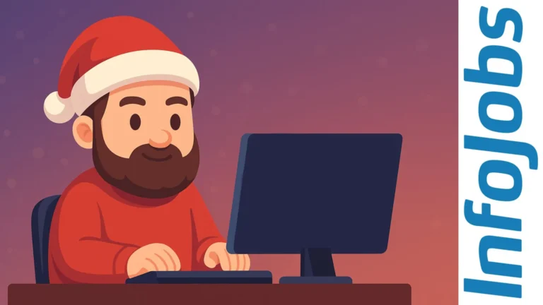 Ilustración navideña de un programador con gorro de Santa frente a un monitor, oferta de trabajo para la web del calendario de adviento de Ibai