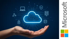 Ilustración digital de manos sosteniendo una nube holográfica con íconos tecnológicos, representando la preparación para el examen AZ-900 de Microsoft Azure