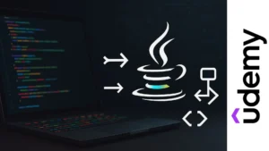 Laptop con líneas de código de colores y logo de Java acompañado de símbolos de estructuras de programación