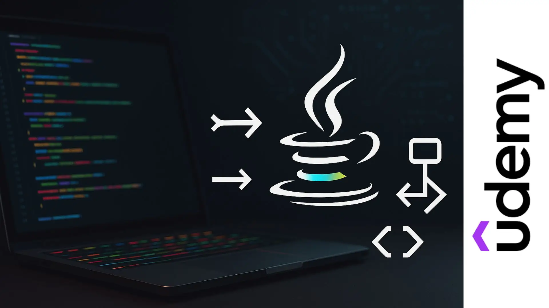 Laptop con líneas de código de colores y logo de Java acompañado de símbolos de estructuras de programación