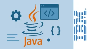 Ilustración vectorial del logo de Java acompañado de íconos de programación y engranajes sobre fondo azul claro