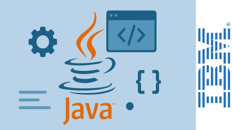 Ilustración vectorial del logo de Java acompañado de íconos de programación y engranajes sobre fondo azul claro