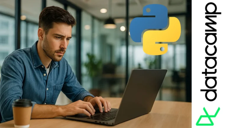 Joven programador trabajando en laptop en una oficina moderna mientras aprende principios de ingeniería de software en Python