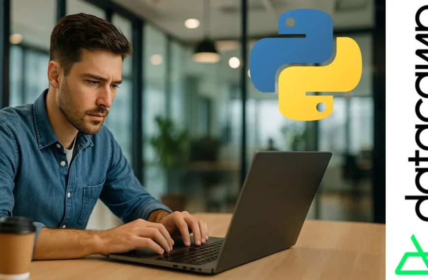 Joven programador trabajando en laptop en una oficina moderna mientras aprende principios de ingeniería de software en Python