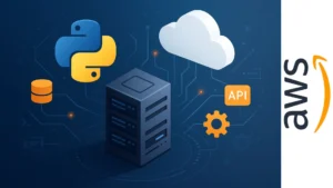 Ilustración digital de un servidor conectado con íconos de Python, nube y API representando desarrollo de aplicaciones en AWS
